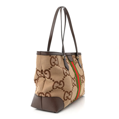 Gucci Monogram Jumbo GG Textured Dollar Calfskin Web Medium Ophidia Shopping Tote Camel Ebony 3 of 9