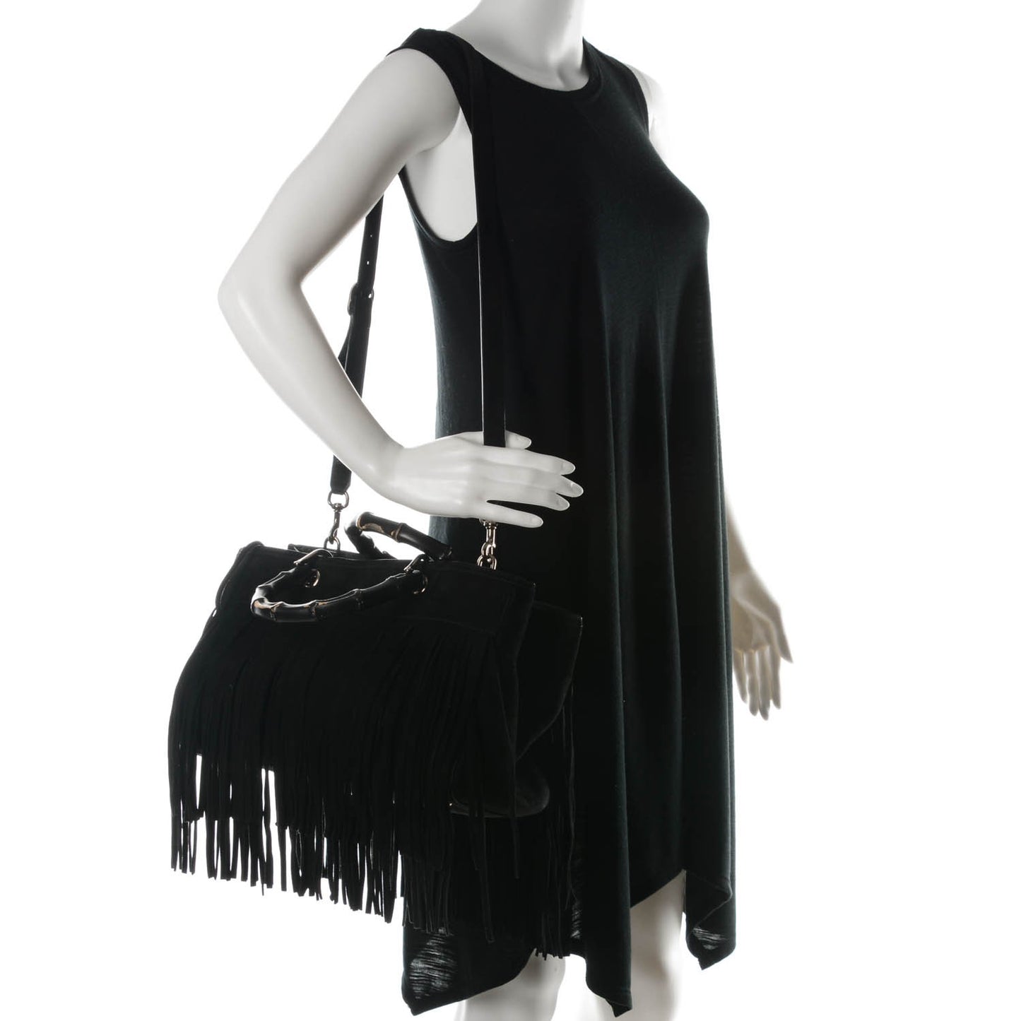 Suede Bamboo Fringe Medium Shopper Tote Black