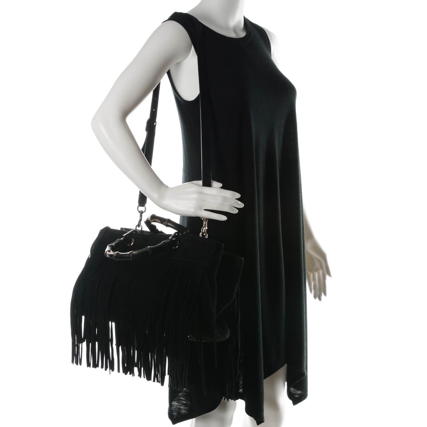 Gucci Suede Bamboo Fringe Medium Shopper Tote Black 2 of 9