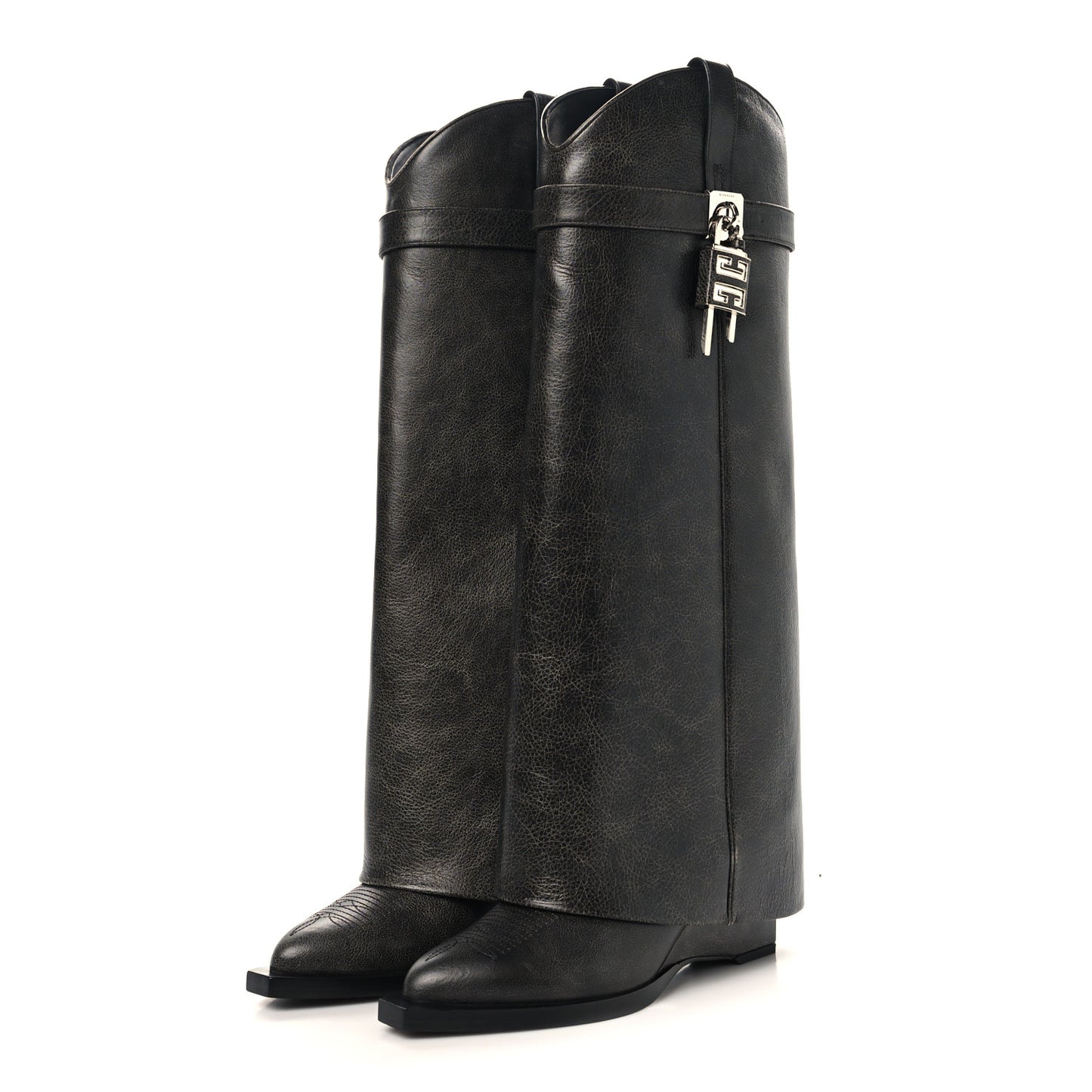 Aged Calfskin Cowboy Shark Lock High Boots 38 Black