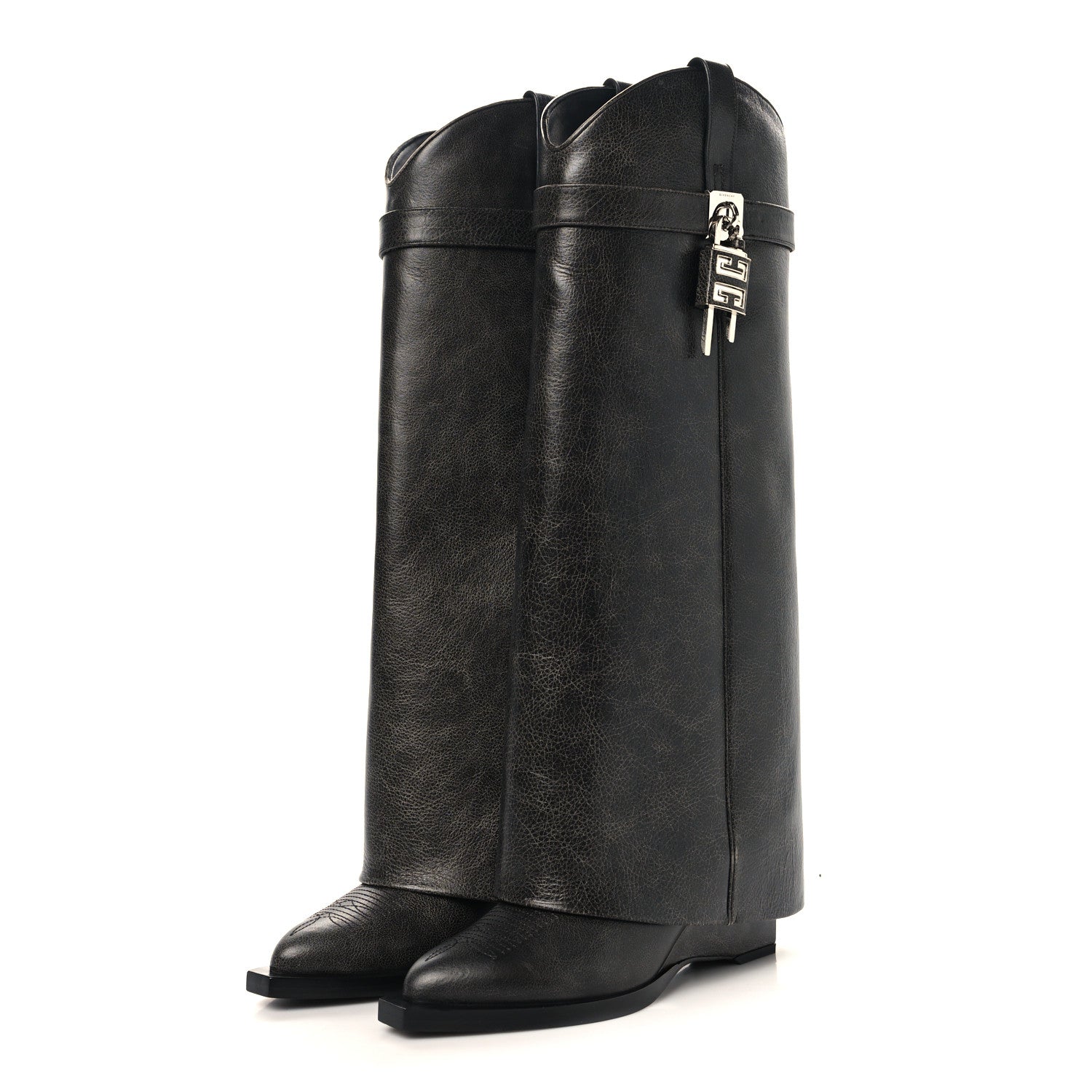 Givenchy Aged Calfskin Cowboy Shark Lock High Boots 38 Black 3 of 7