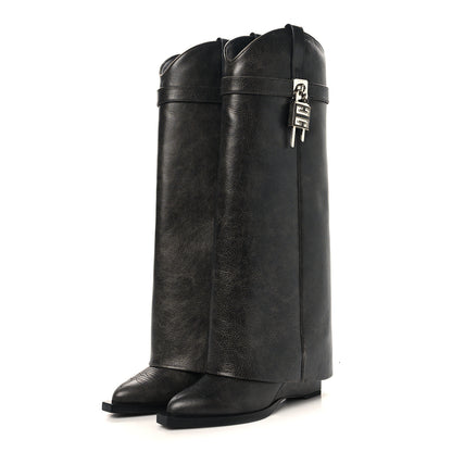 Givenchy Aged Calfskin Cowboy Shark Lock High Boots 38 Black 3 of 7