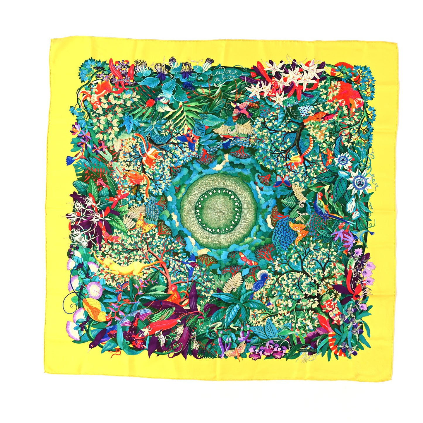 Silk Au Coeur de la Vie Scarf 90 Jaune Vif Turquoise Vert