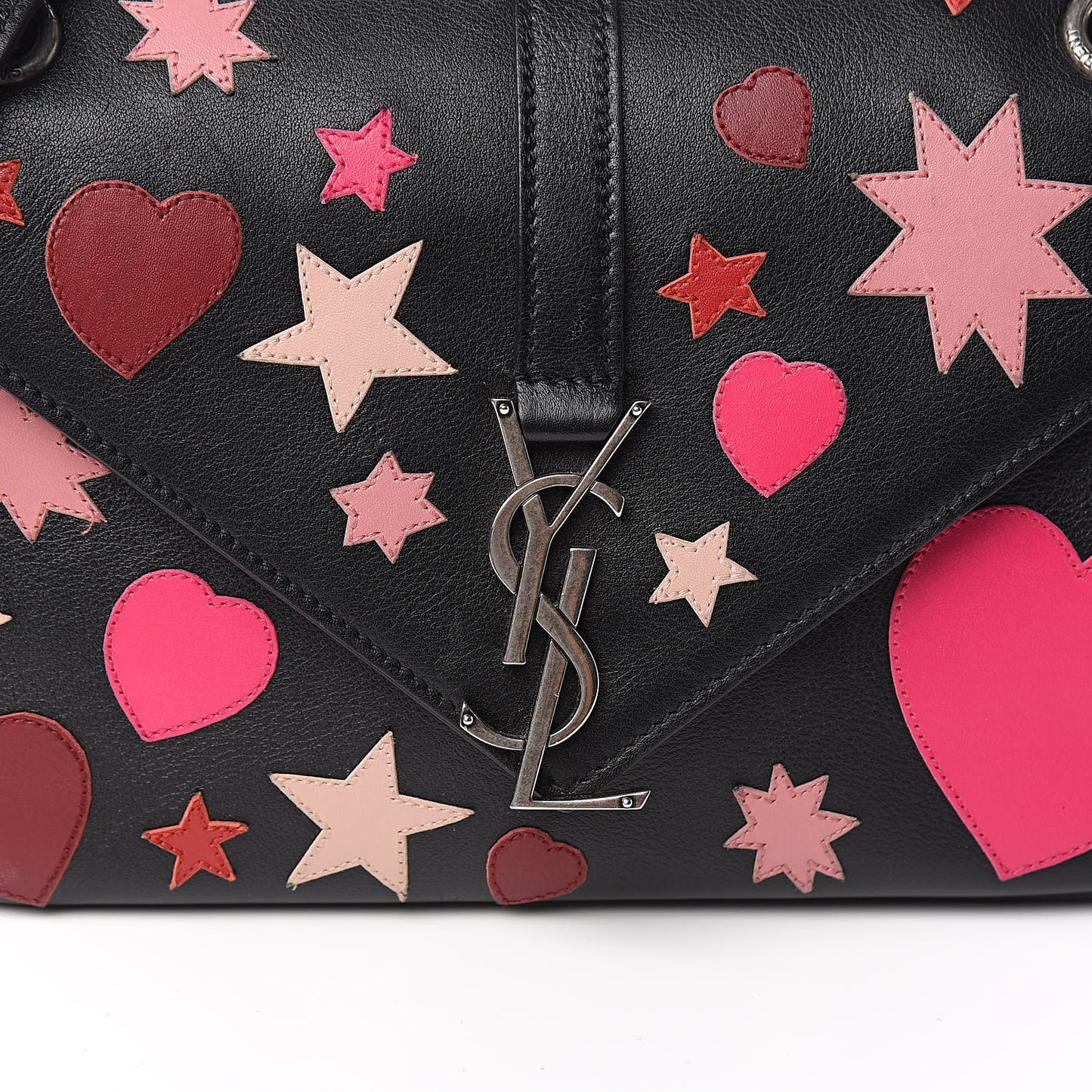 Calfskin Medium Heart Patchwork Monogram Chain Wallet Black