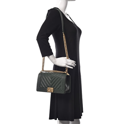 Chanel Caviar Chevron Quilted Medium Boy Flap Dark Green 2 of 10