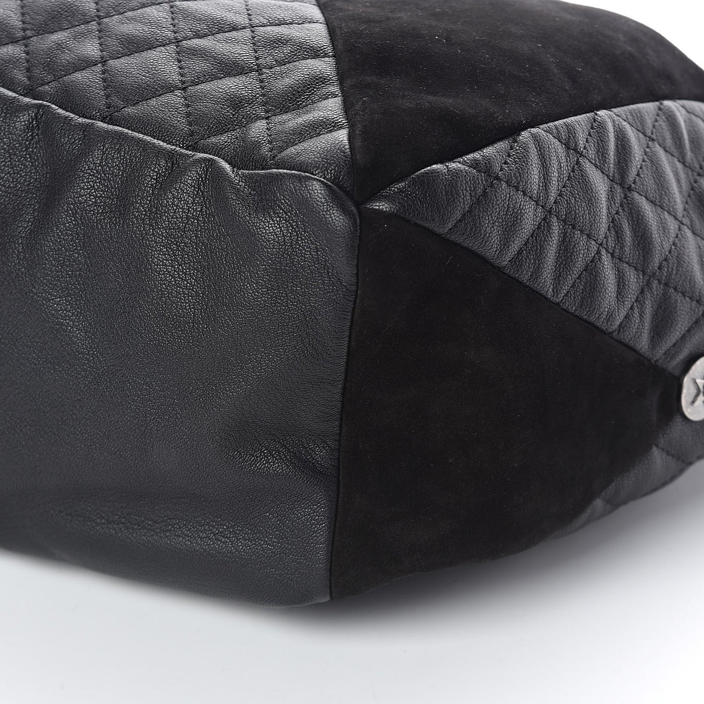 Goatskin Suede Calfskin Quilted Patchwork Drawstring Bag Black