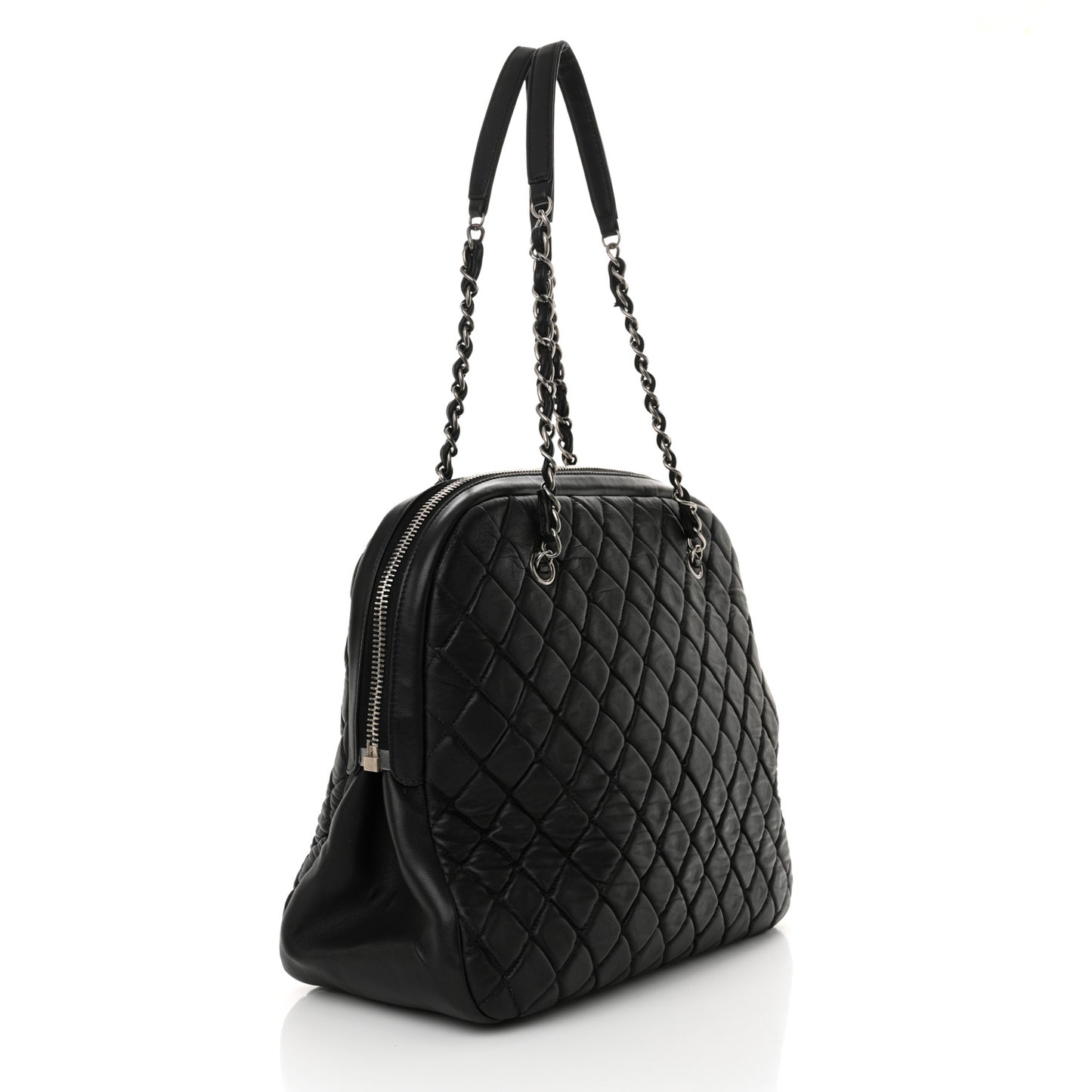 Lambskin Bubble Quilt Large Double Bowling Bag Black