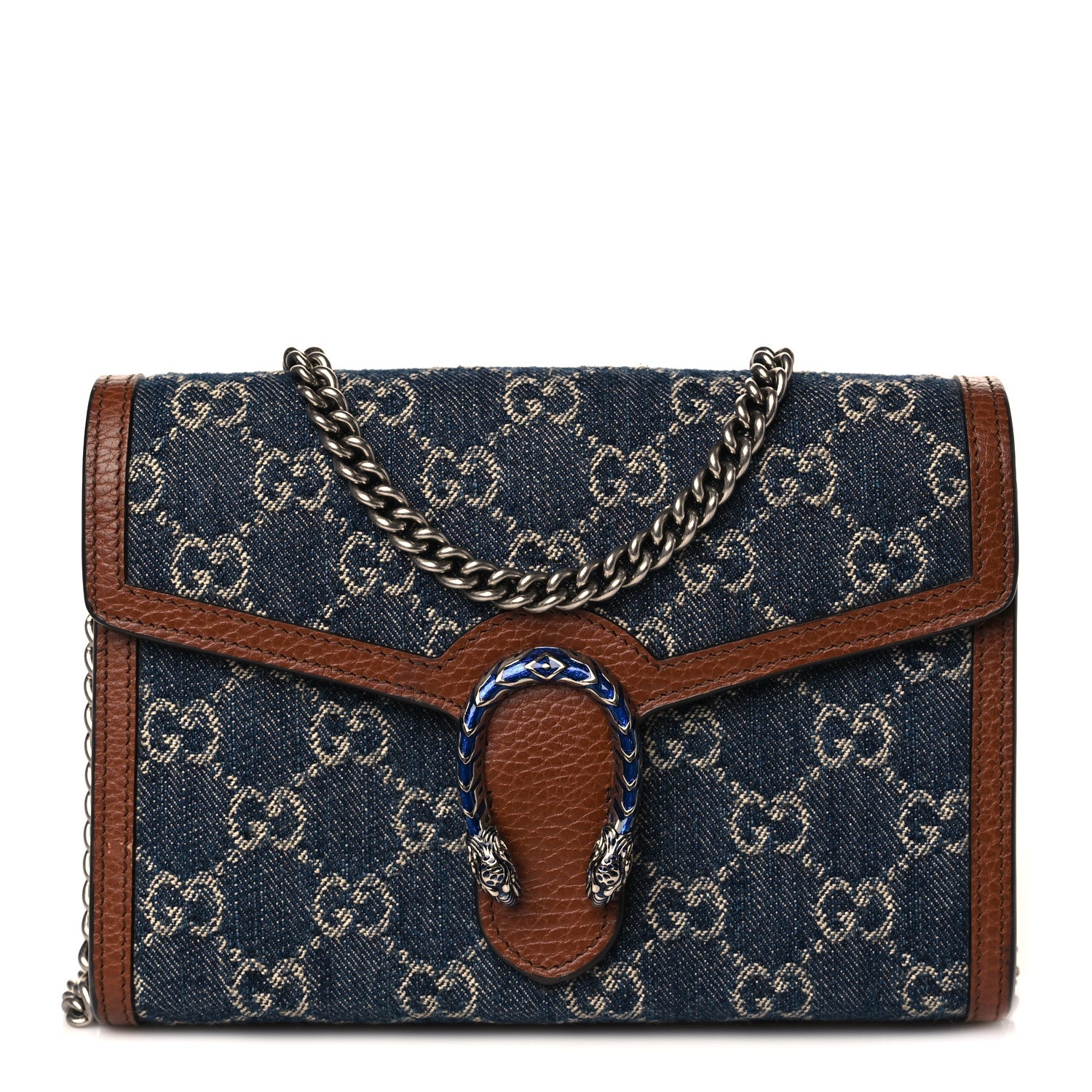 Gucci New Denim GG Monogram Dollar Calfskin Enamel Mini Dionysus Chain Wallet Blue Tea Cuir Epilog Electric Blue 1 of 12
