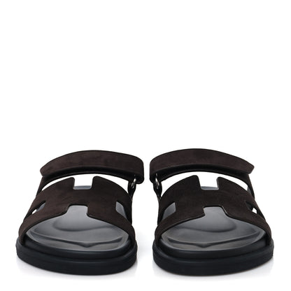 Hermes Suede Goatskin Womens Chypre Sandals 37 Marron Ebene 3 of 10