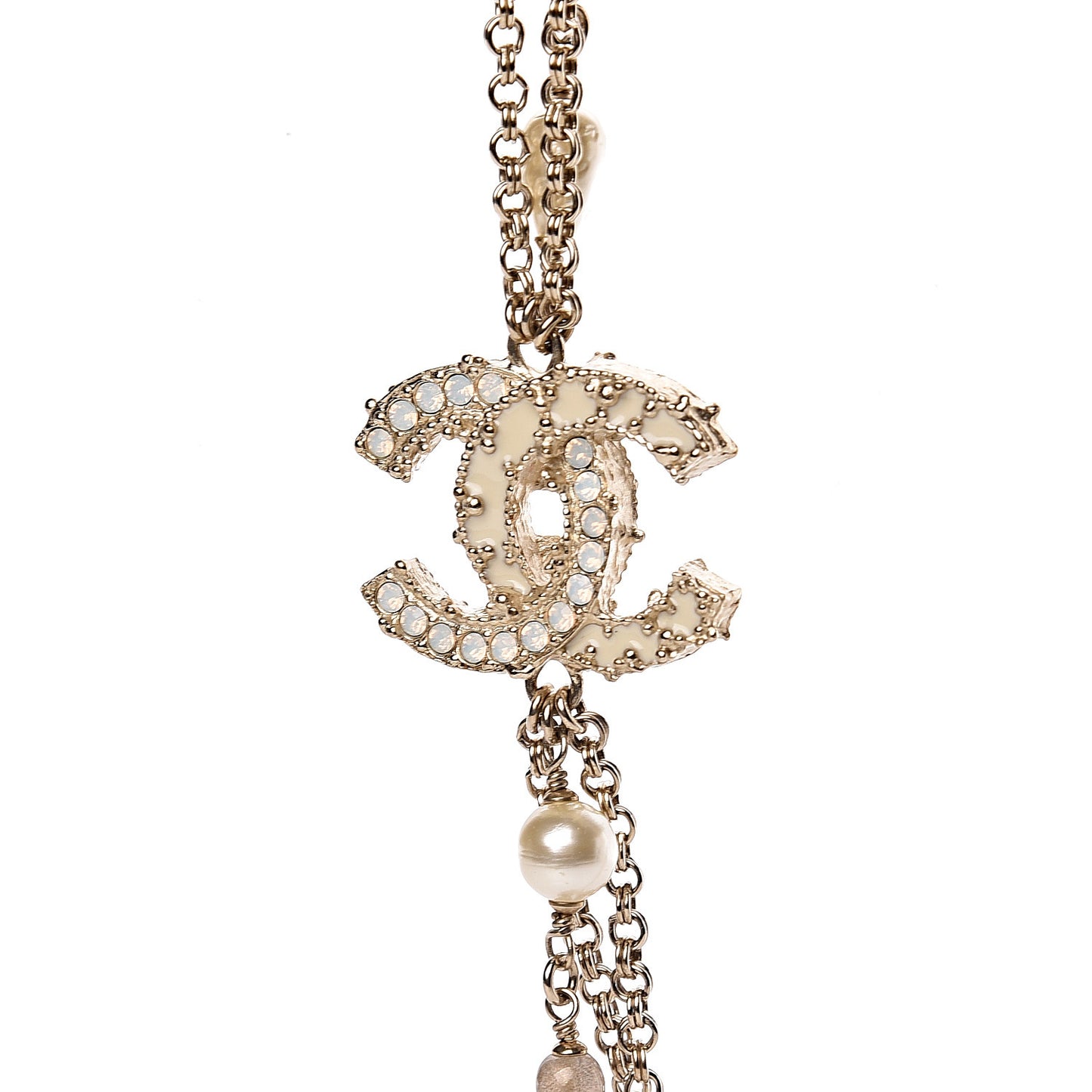 Graduated Pearl Crystal CC Long Necklace Silver Pearly White
