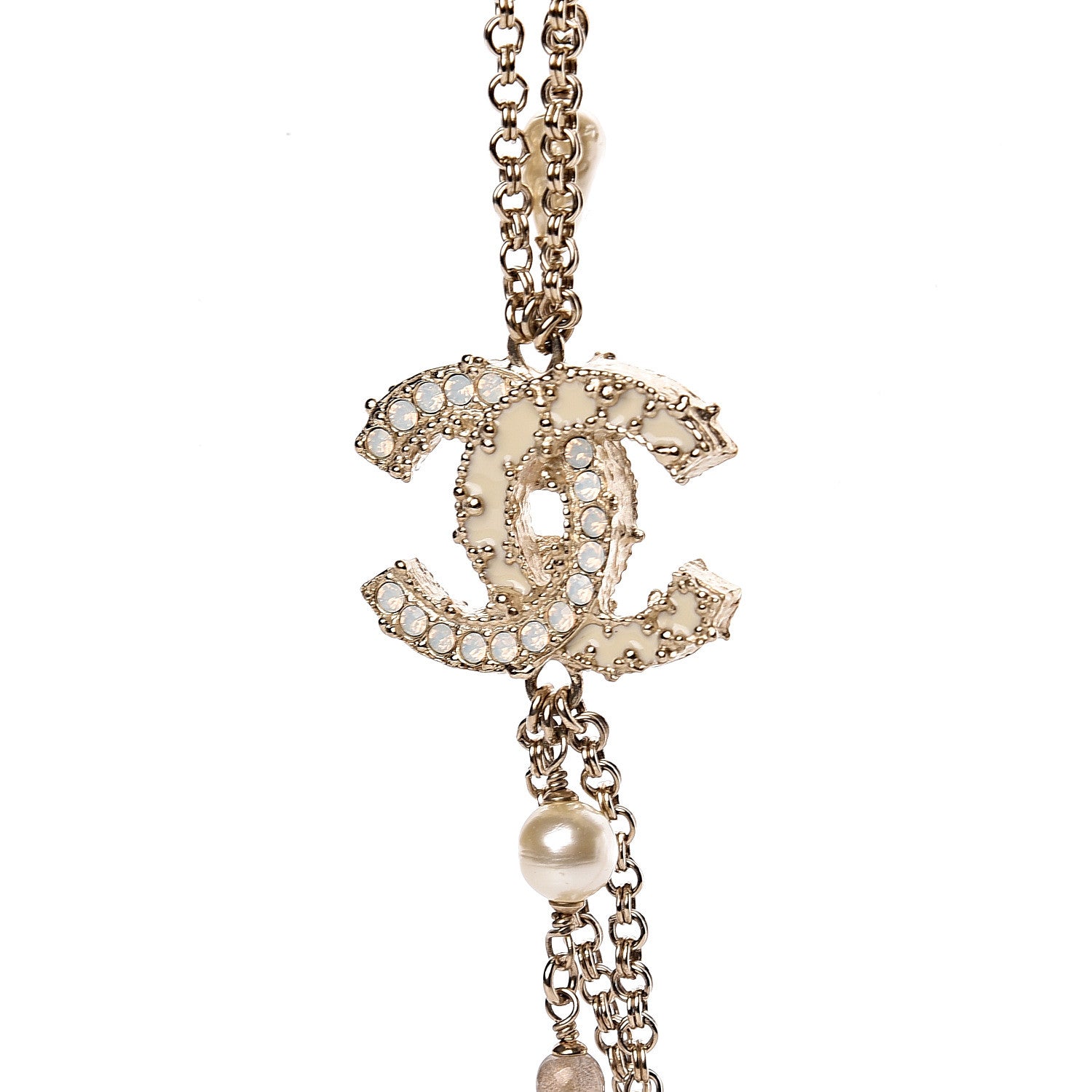 Chanel Graduated Pearl Crystal CC Long Necklace Silver Pearly White 5 of 6