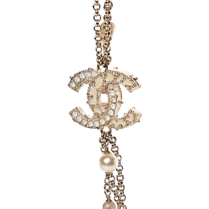 Chanel Graduated Pearl Crystal CC Long Necklace Silver Pearly White 5 of 6