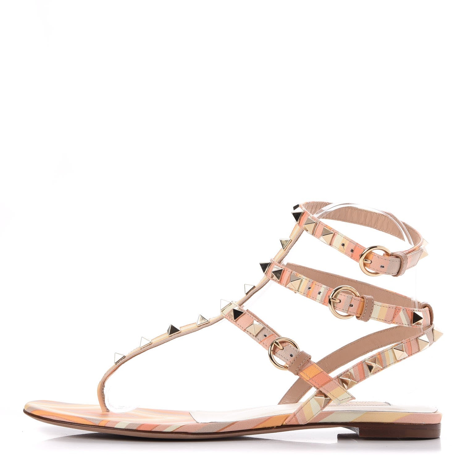 Valentino Garavani Calfskin Native Couture 1975 Rockstud Ankle Wrap Flat Thong Sandals 37 Mandarin Sorbet 1 of 10