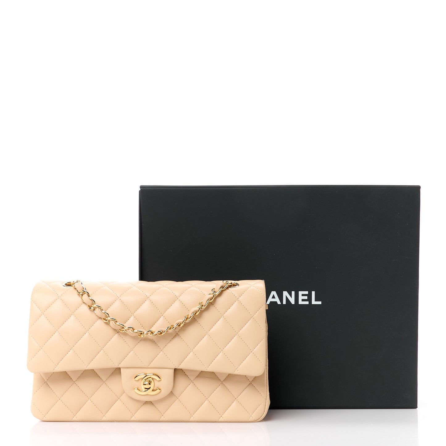 Lambskin Quilted Medium Double Flap Beige