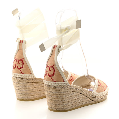 Gucci GG Raffia Monogram Ankle Wrap Platform Espadrille Wedge Sandals 40 Beige 4 of 9