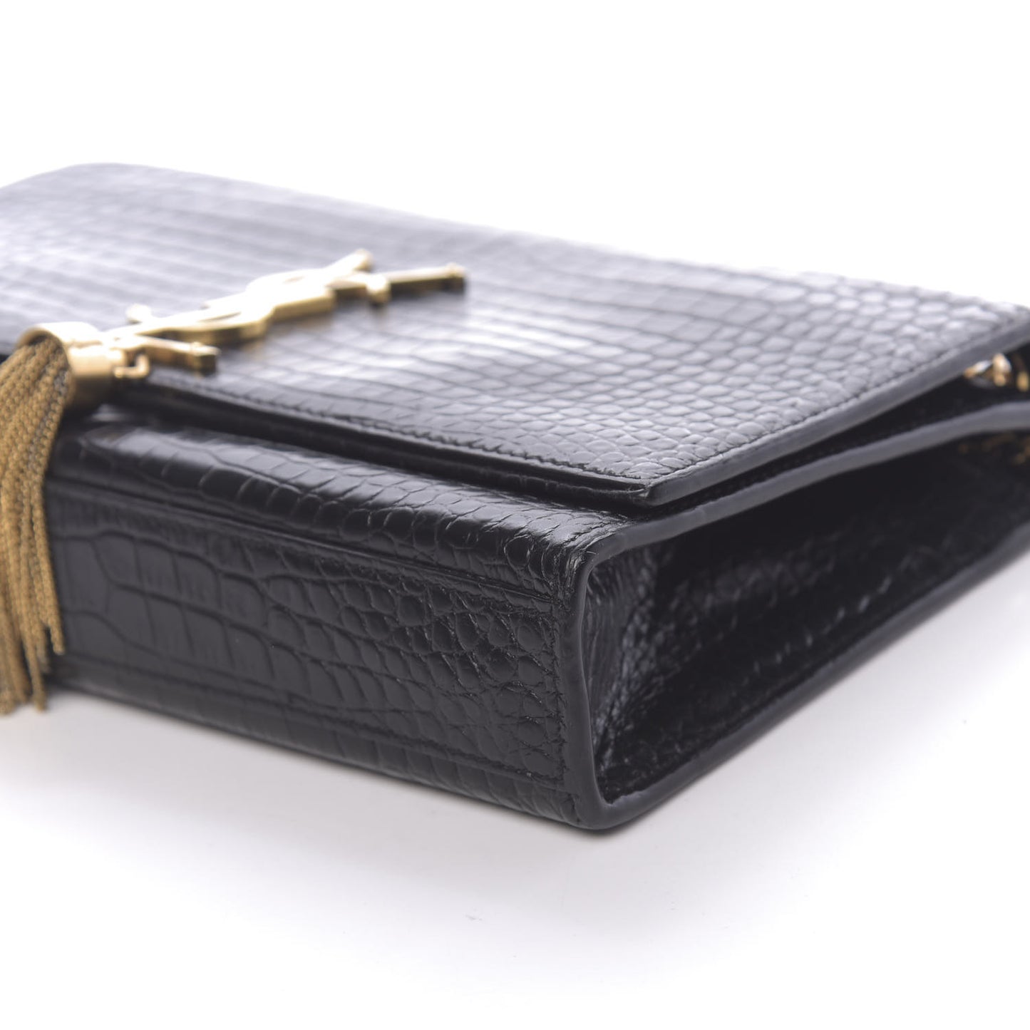 Calfskin Crocodile Embossed Medium Classic Monogram Kate Tassel Satchel Black
