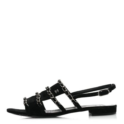 Chanel Suede Chain Flat Sandals 36.5 Black 1 of 11