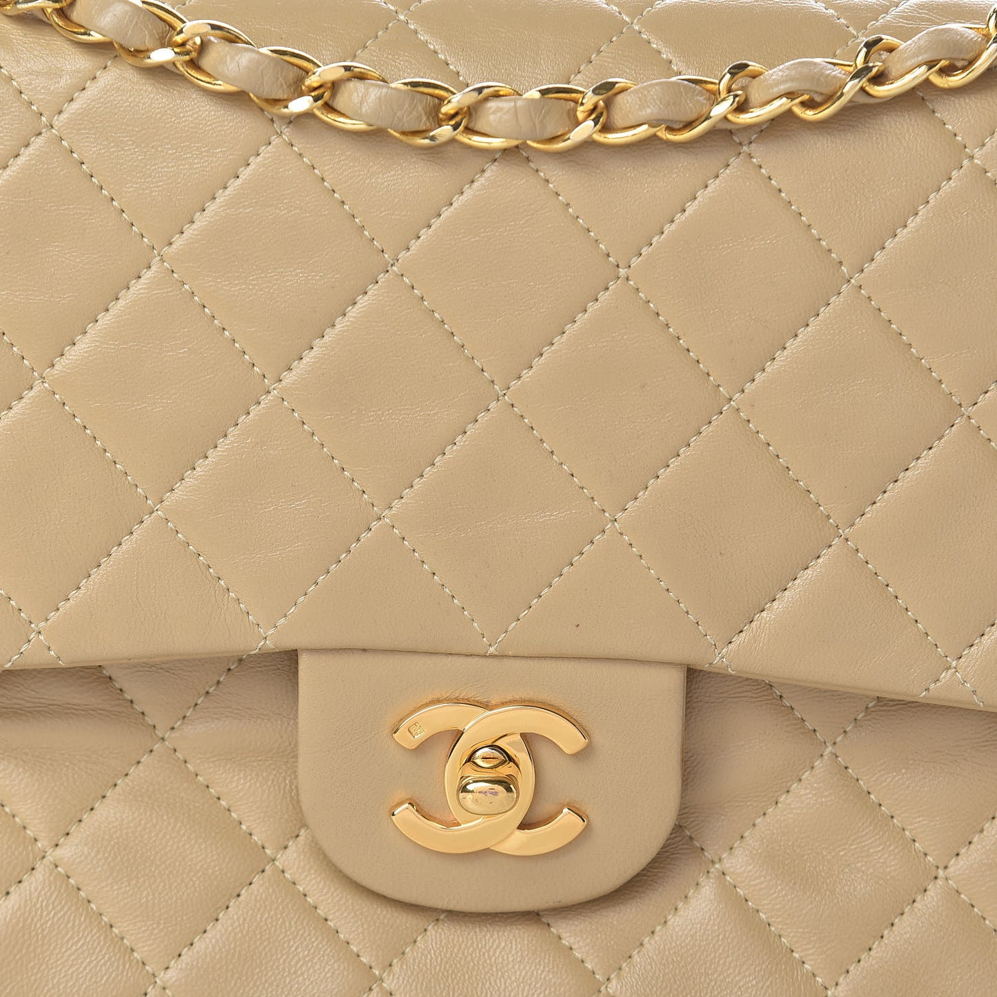 Lambskin Quilted Medium Double Flap Beige