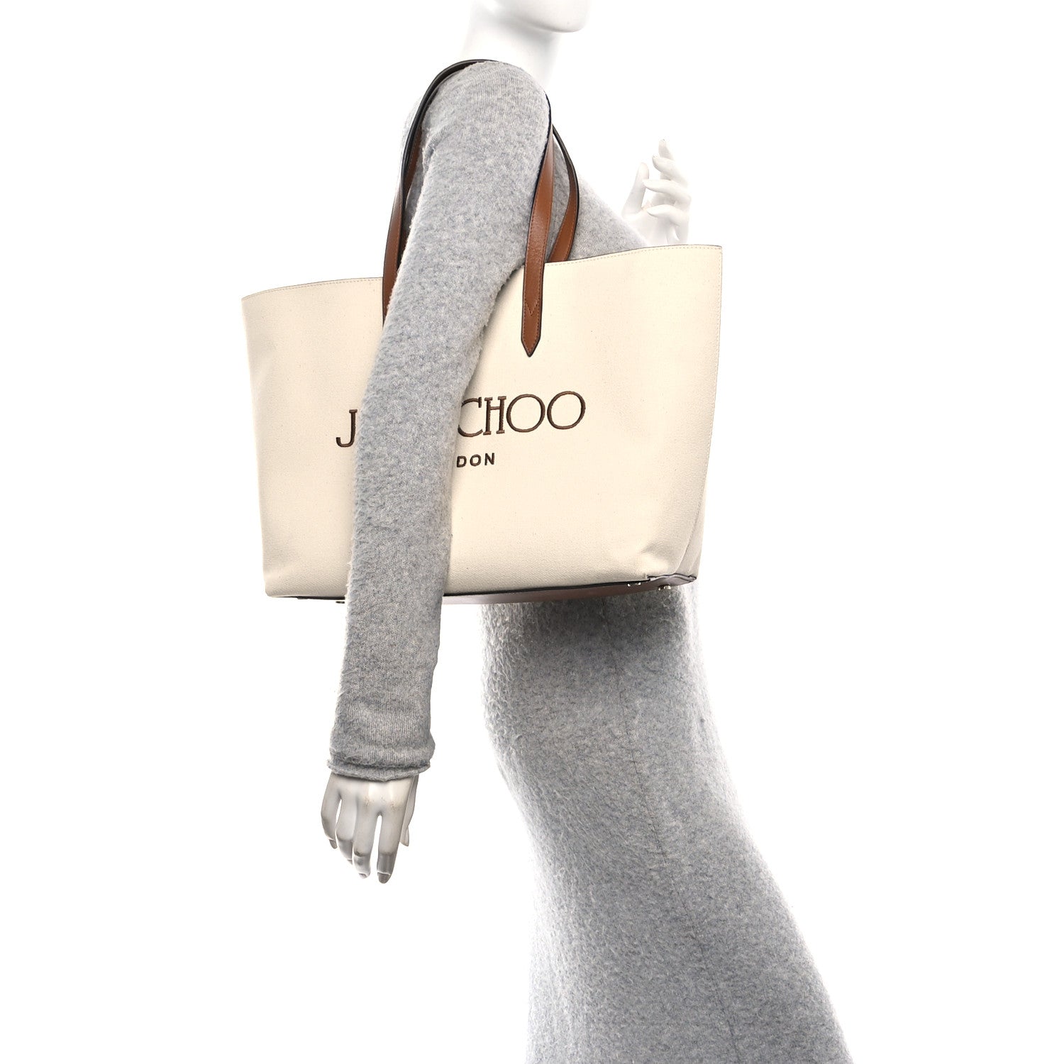 Jimmy Choo Canvas Embroidered Logo Tote Ecru Tan 2 of 9