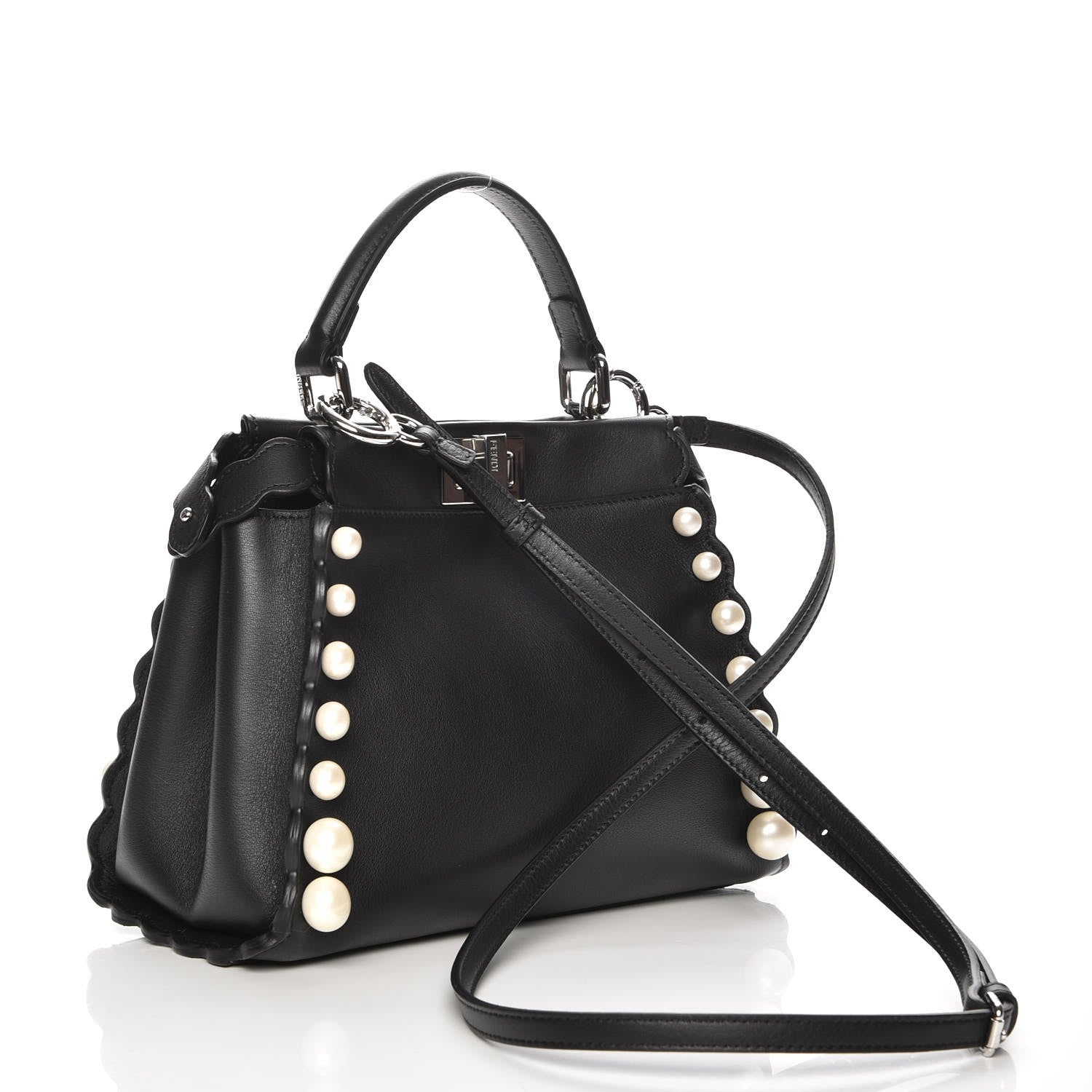 Fendi Vitello Seta Shiny Nappa Pearl Scallopped Studded Mini Peekaboo Iconic Satchel Black 4 of 9