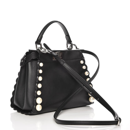 Fendi Vitello Seta Shiny Nappa Pearl Scallopped Studded Mini Peekaboo Iconic Satchel Black 4 of 9