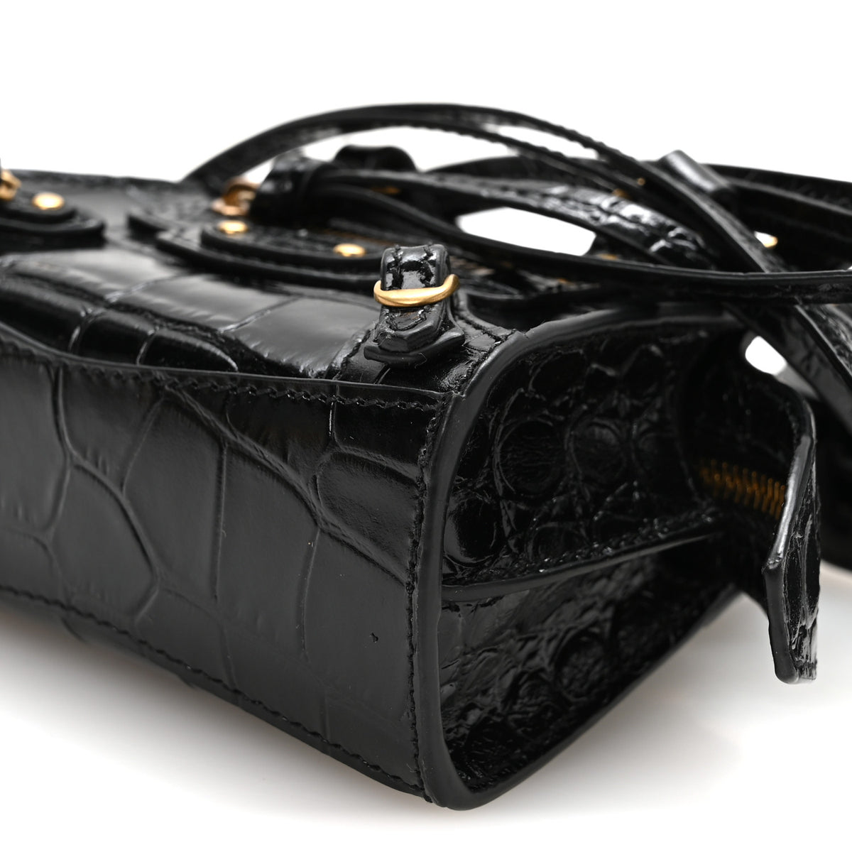 Shiny Supple Calfskin Crocodile Embossed Neo Classic Gold Hardware Super Nano City Crossbody Black