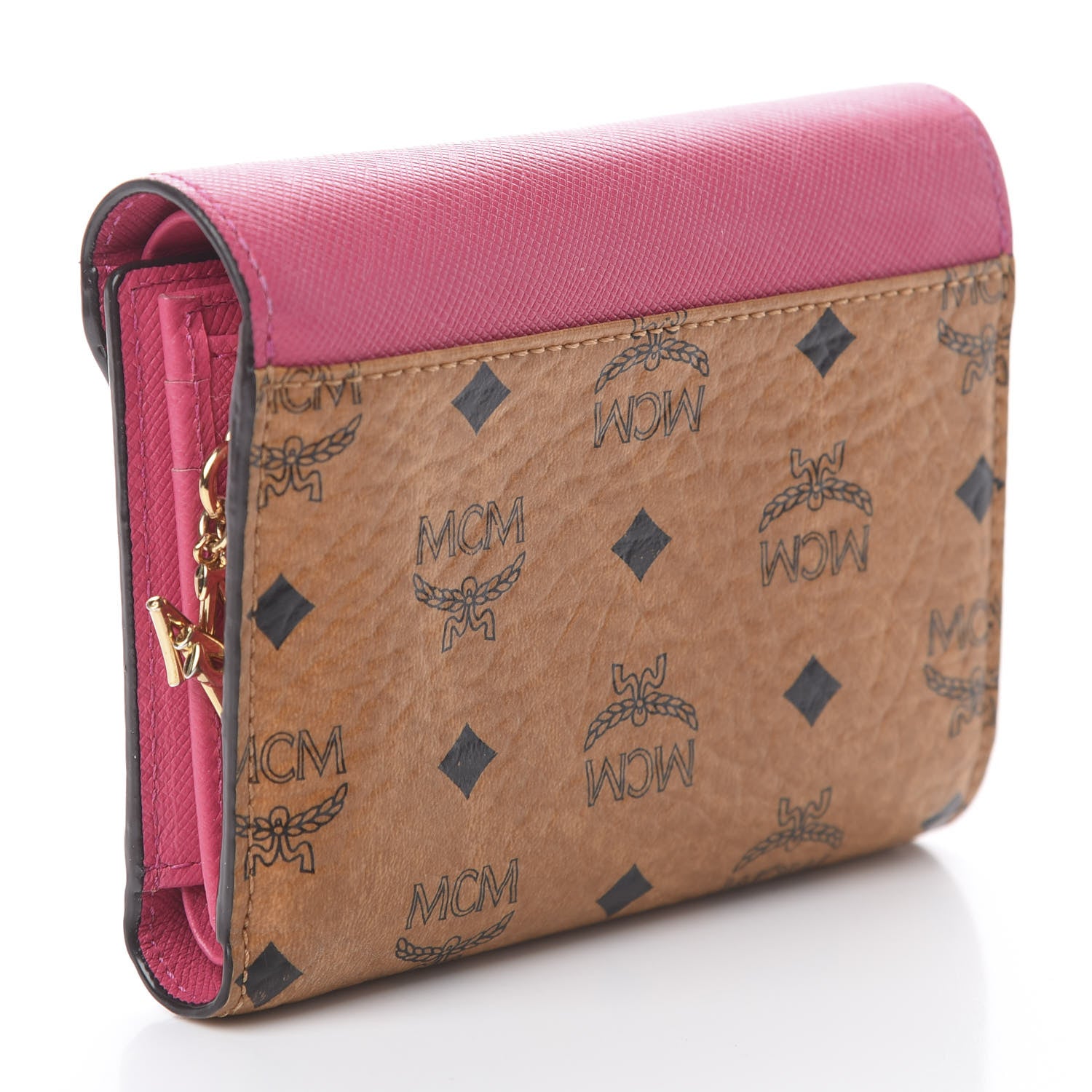 MCM Visetos Tri-Fold Love Letter Flap Wallet Cognac Pink 2 of 5