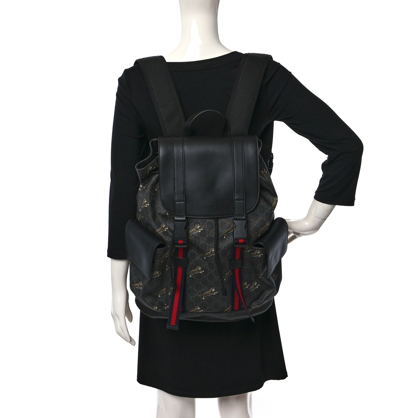 GG Supreme Monogram Tigers Double Buckle Backpack Black Multicolor