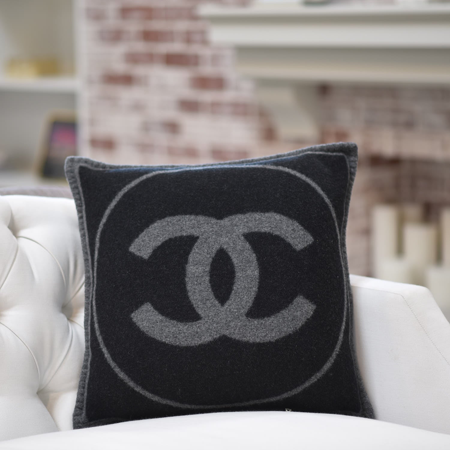 Chanel Merino Wool Cashmere CC Pillow Black Grey 3 of 5