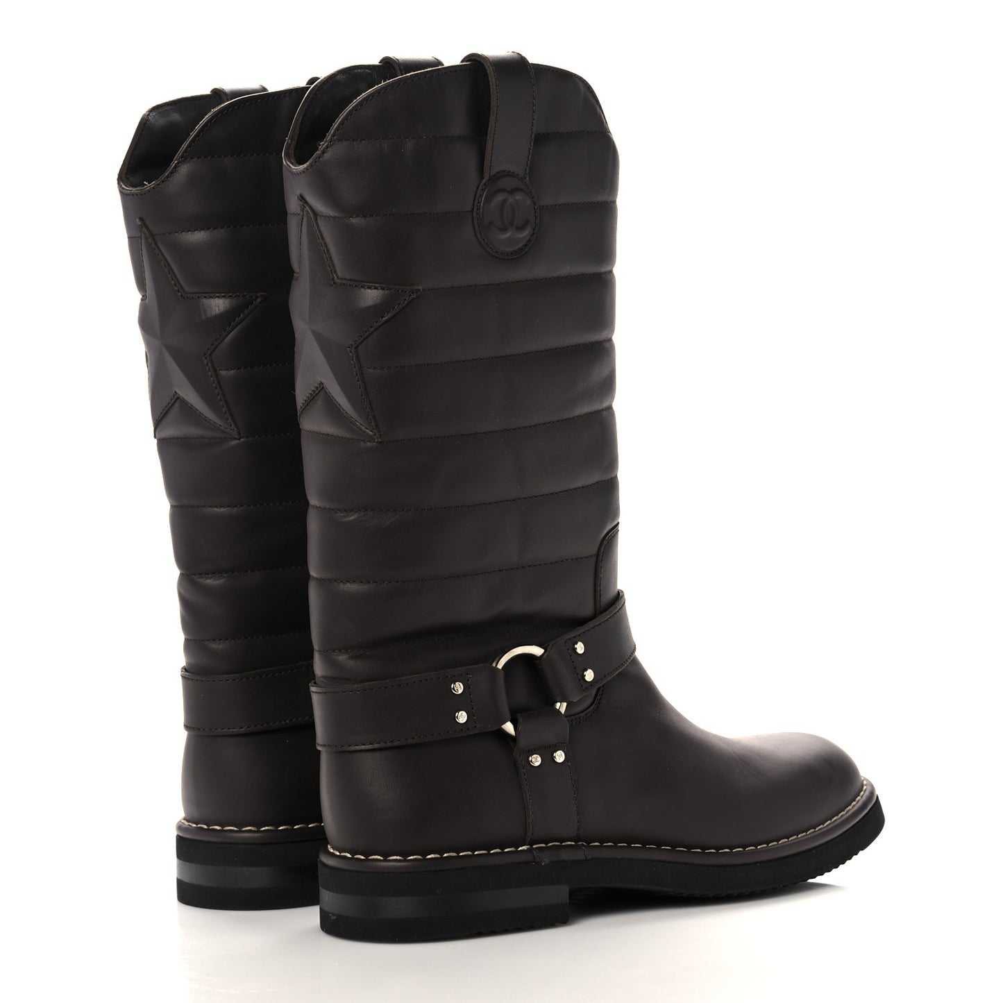 Calfskin Star Quilted Biker Boots 39.5 Brown