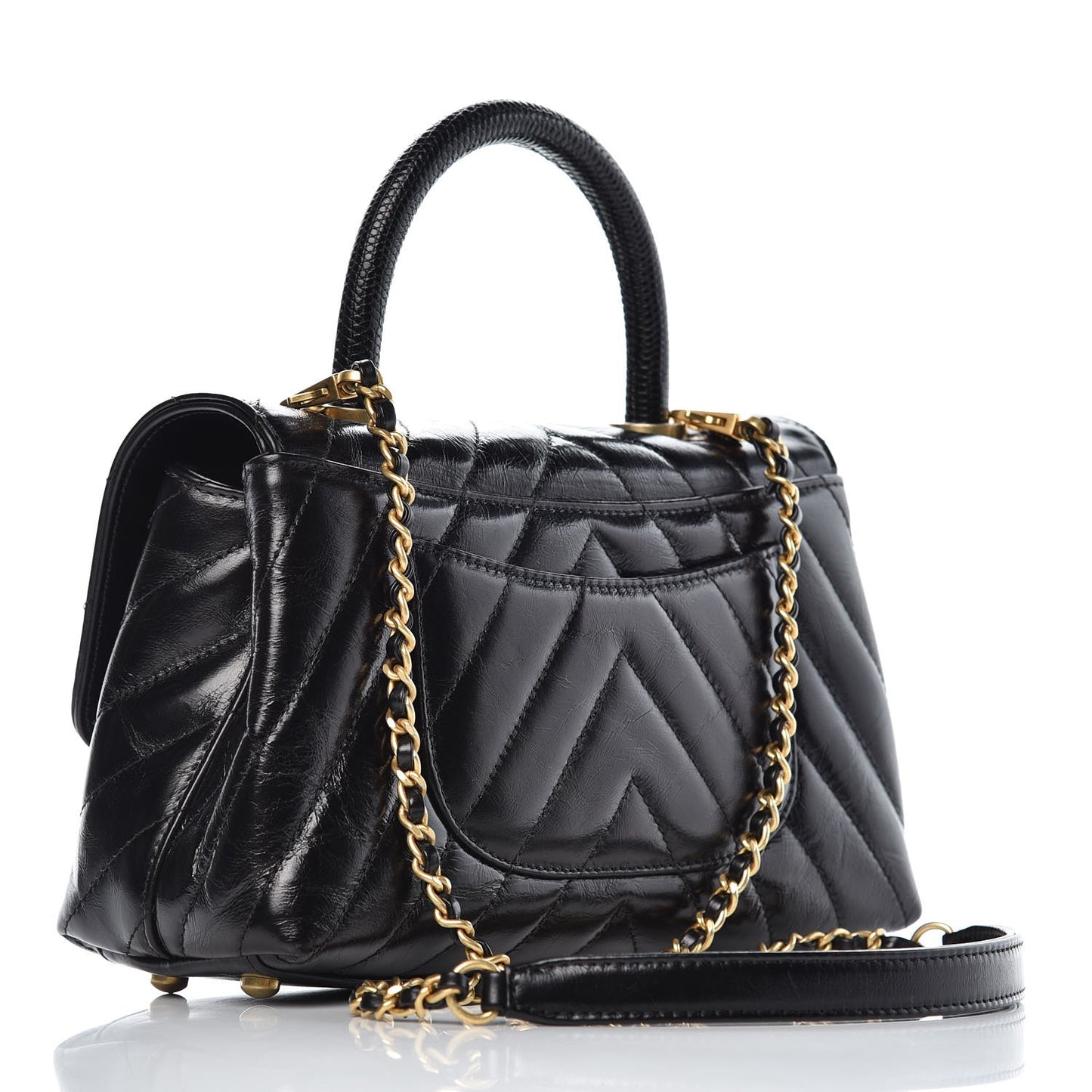 Calfskin Lizard Chevron Quilted Mini Coco Handle Flap Black