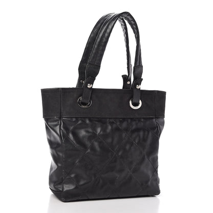 Chanel Coated Canvas Quilted Small Paris Biarritz Tote Black 3 of 9