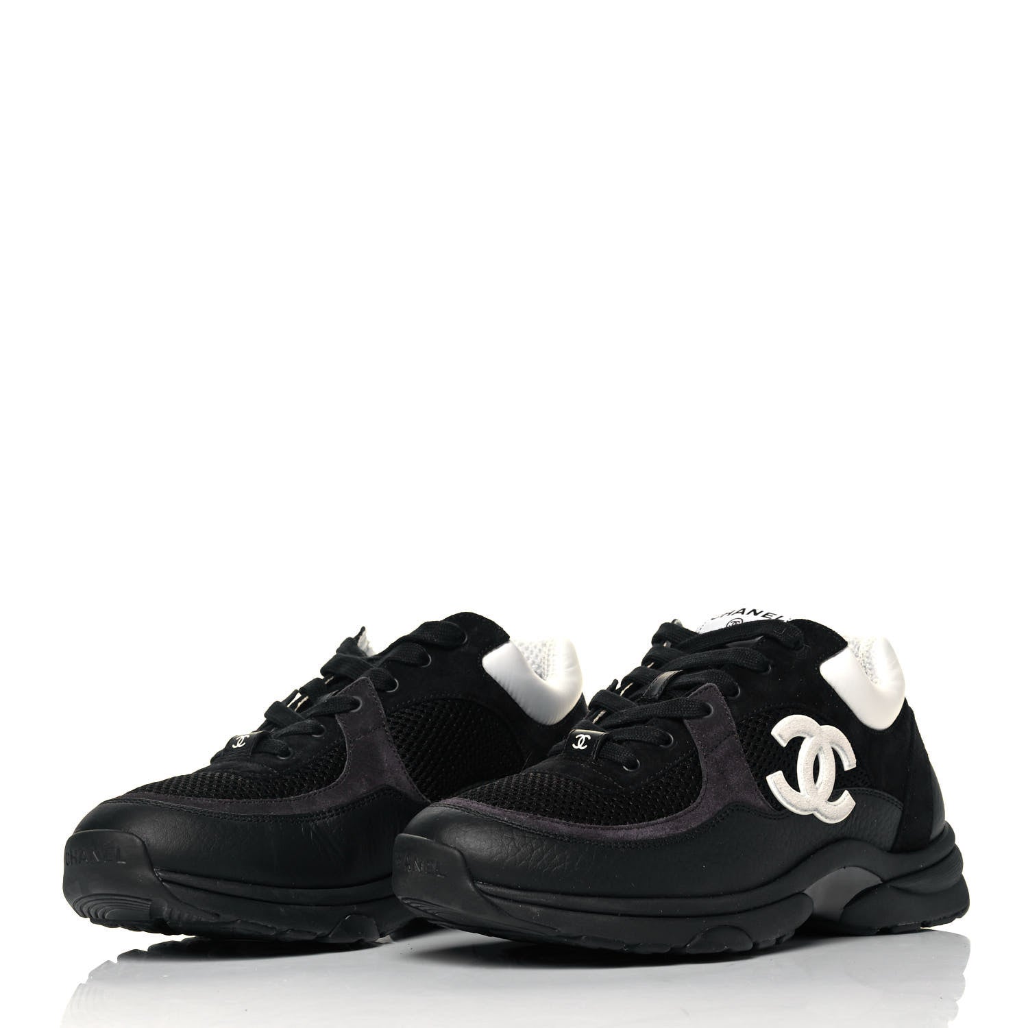 Chanel Mesh Suede Grained Calfskin Womens CC Sneakers 39.5 Black White 3 of 7