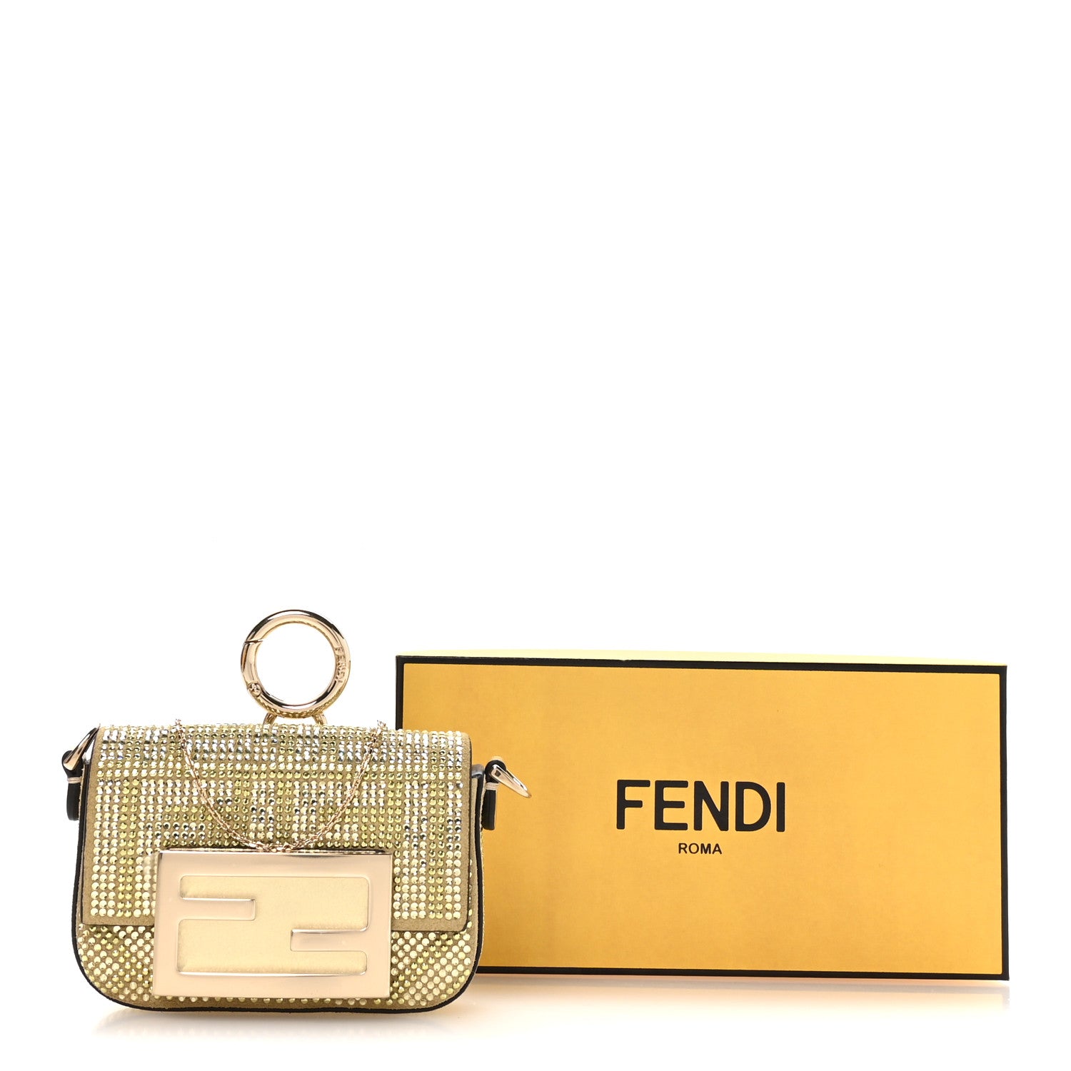 Fendi Crystal Vitello Laminato FF Nano Maxi Buckle Baguette Charm Light Gold 10 of 10