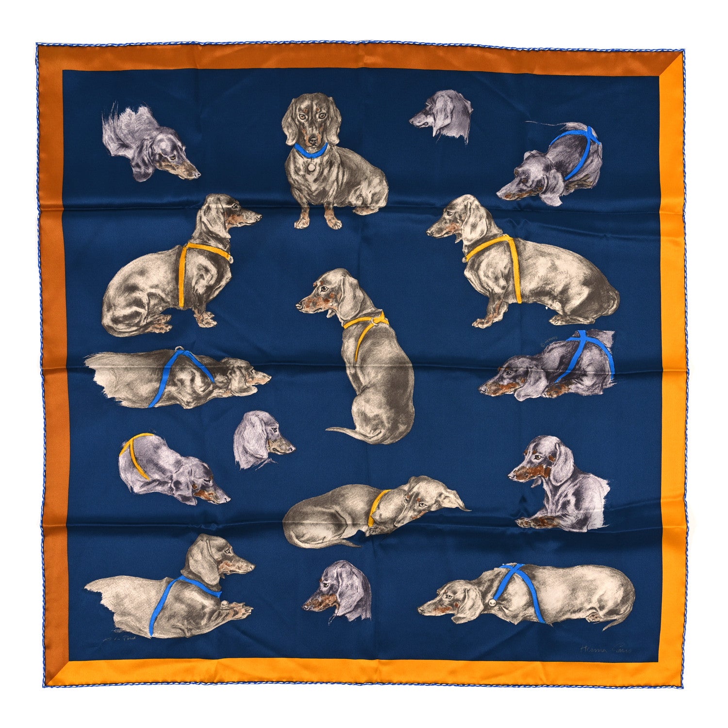 Hermes Silk Les Bassets Scarf 70 Marine Sepia 1 of 3