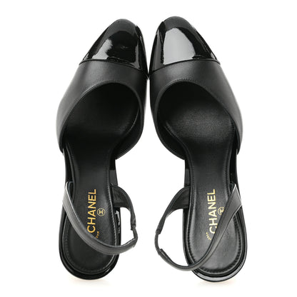 Chanel Lambskin Patent Calfskin Cap Toe CC Apple Slingback Pumps 38.5 Black 2 of 10