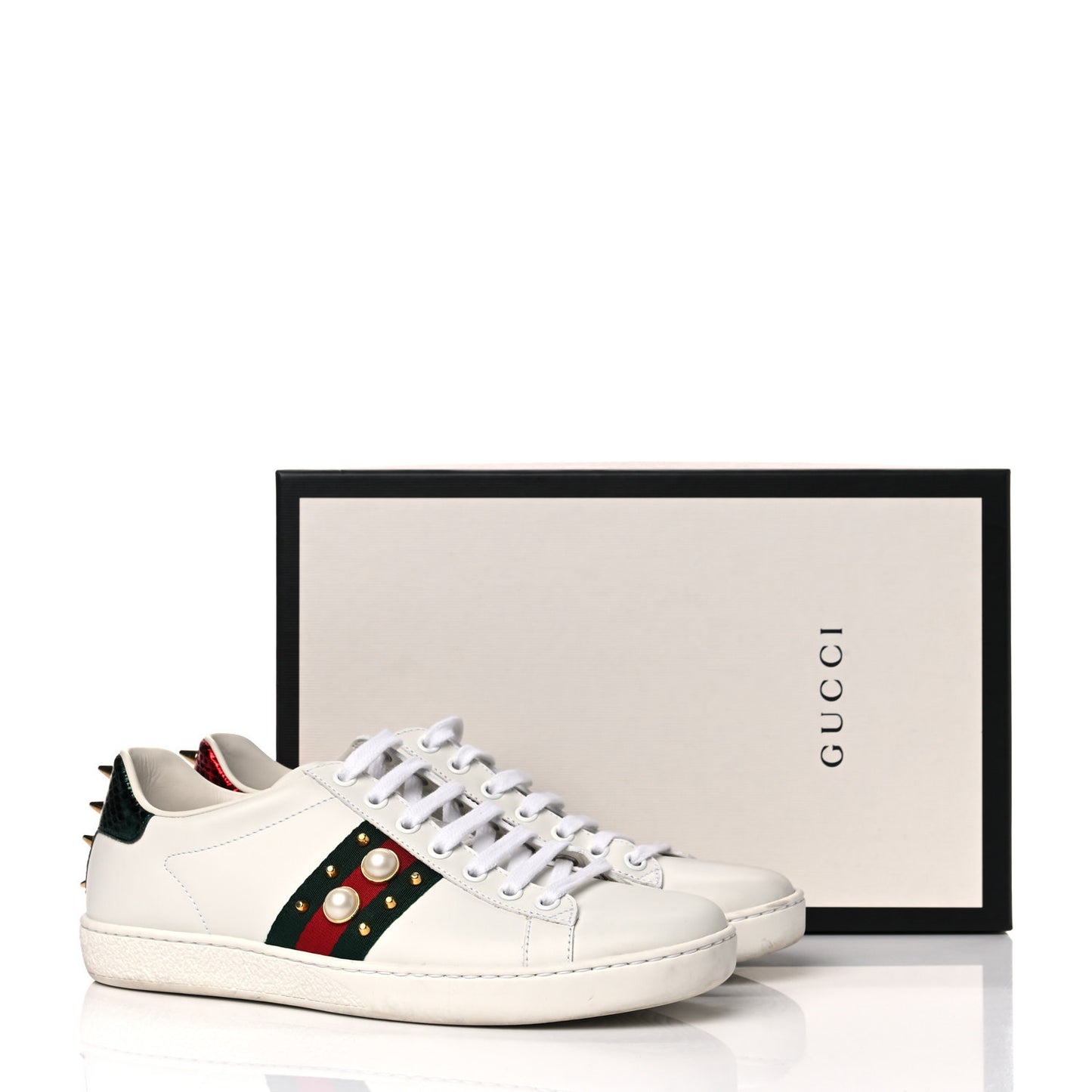 Calfskin Web Pearl Studded Womens Ace Sneakers 38 White