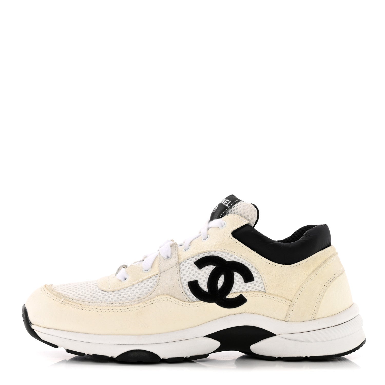 Chanel Mesh Suede Calfskin Grained Calfskin Womens CC Sneakers 39.5 White Black 1 of 16
