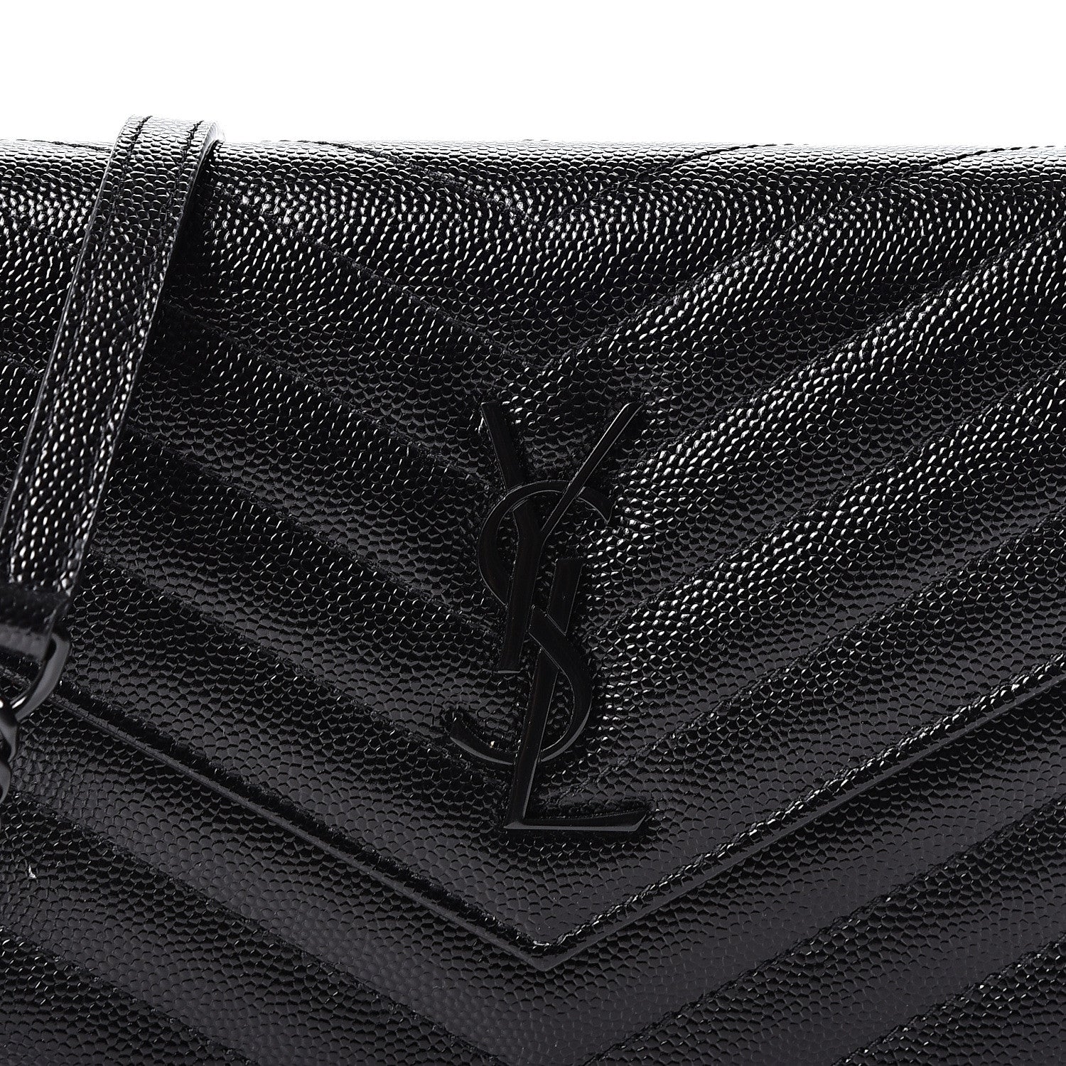 Saint Laurent Grain De Poudre Matelasse Chevron Monogram Envelope Chain Wallet Black 7 of 10