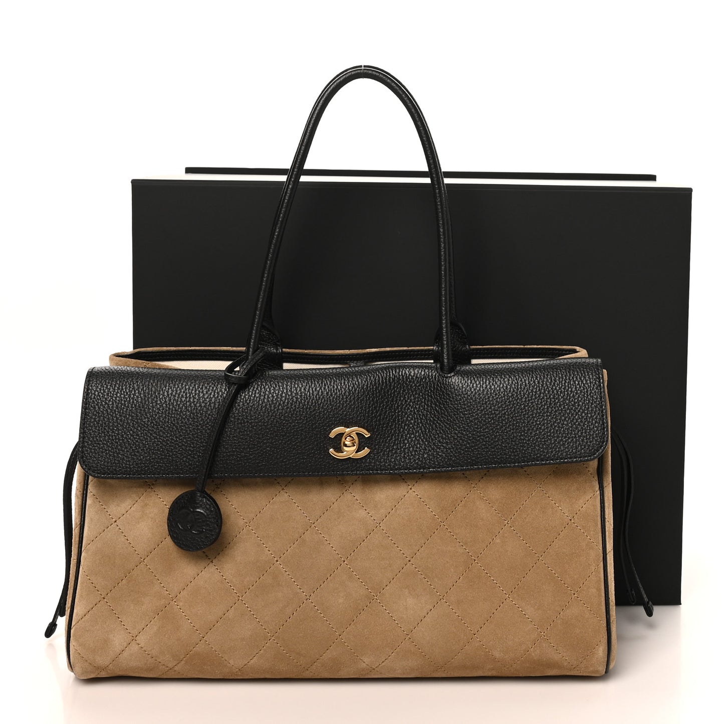 Grained Calfskin Suede Urban Essentials Large Shopping Bag Dark Beige Black Dark Beige Black