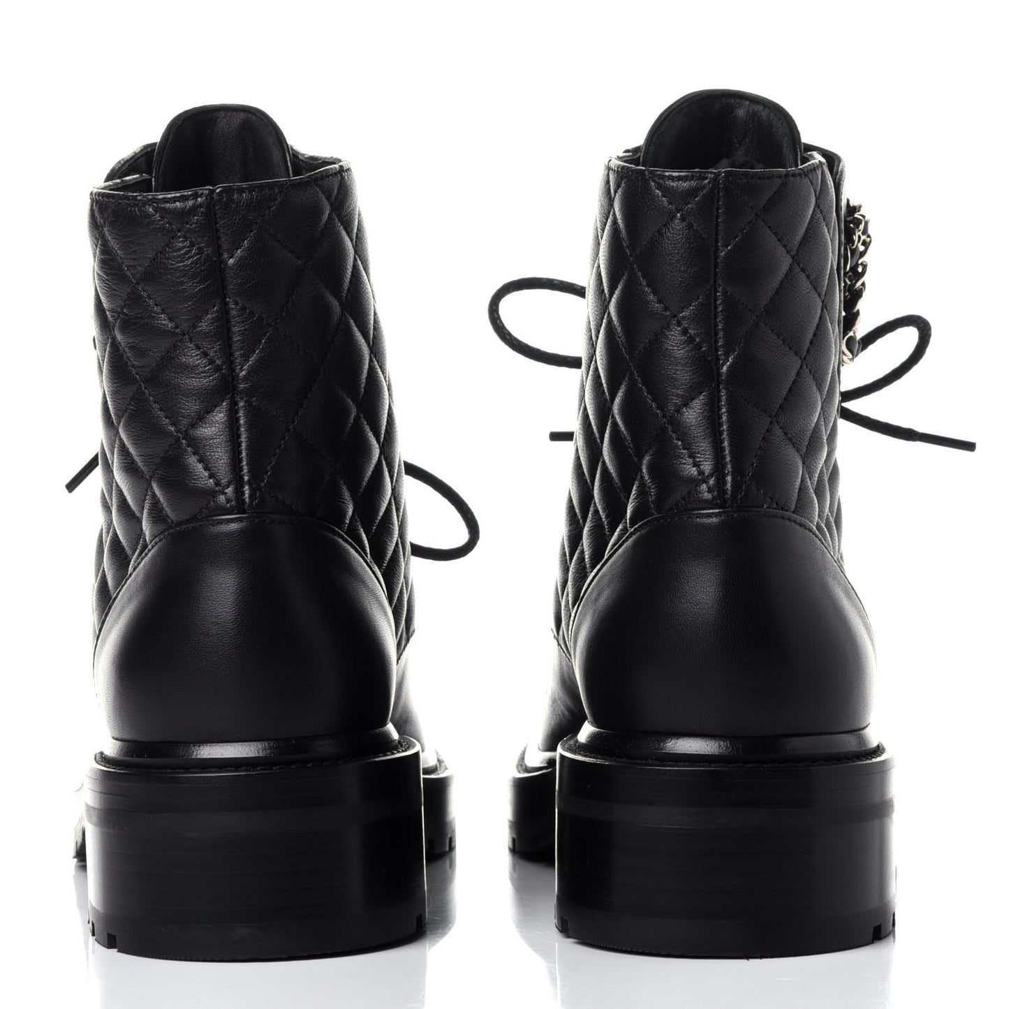 Shiny Lambskin Quilted Lace Up Combat Boots 39.5 Black