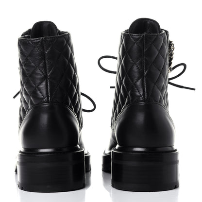 Chanel Shiny Lambskin Quilted Lace Up Combat Boots 39.5 Black 5 of 12
