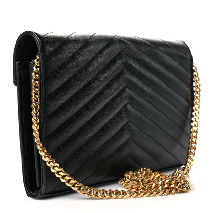 Saint Laurent Grain De Poudre Matelasse Chevron Monogram Chain Wallet Black 2 of 11