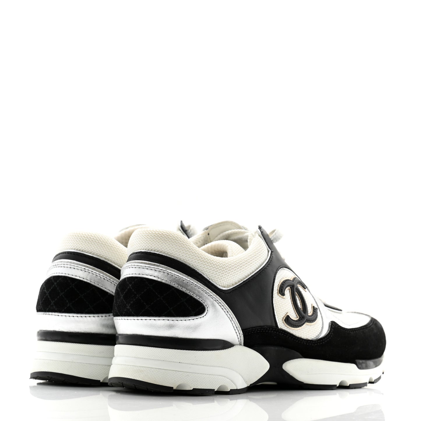 Mesh Suede Calfskin Grained Calfskin Womens CC Sneakers 40 Black White Silver
