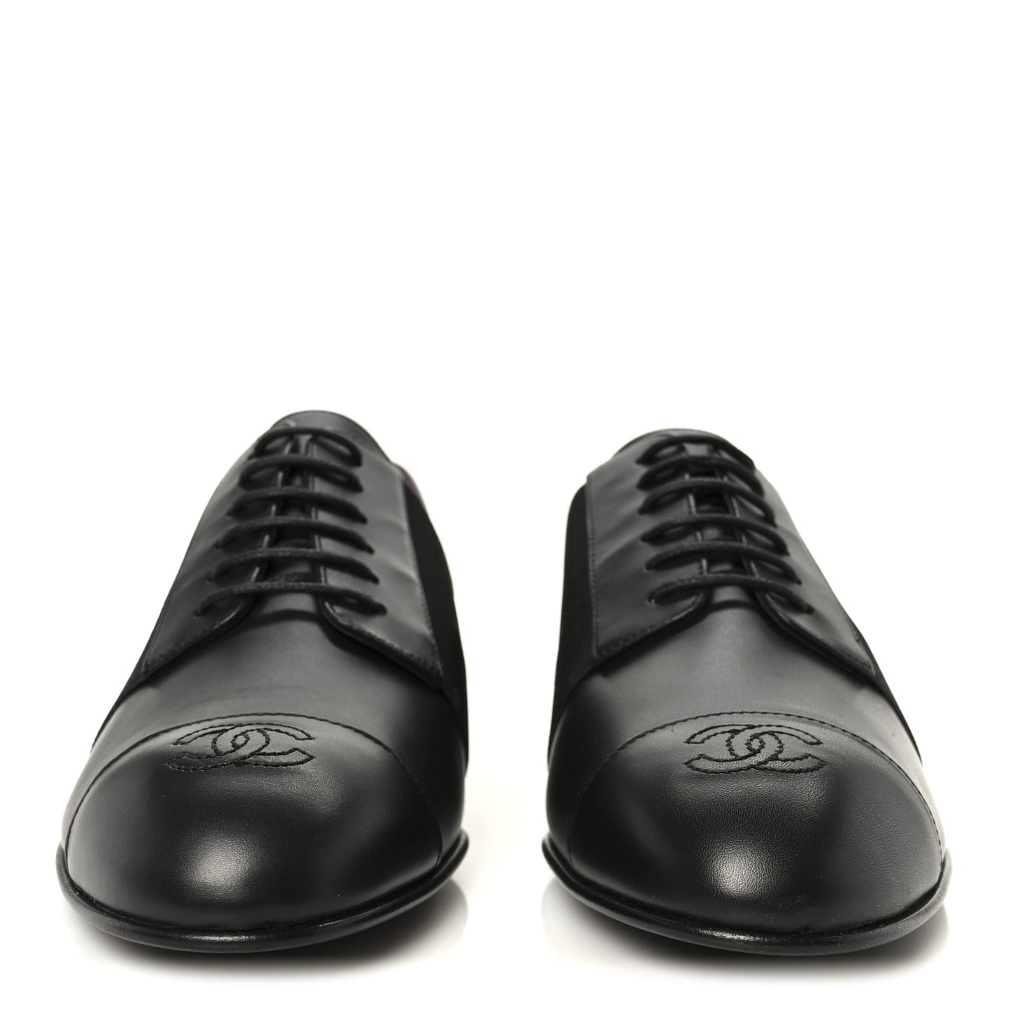 Calfskin Elastic Lace Up Cap Toe CC Loafers 39 Black