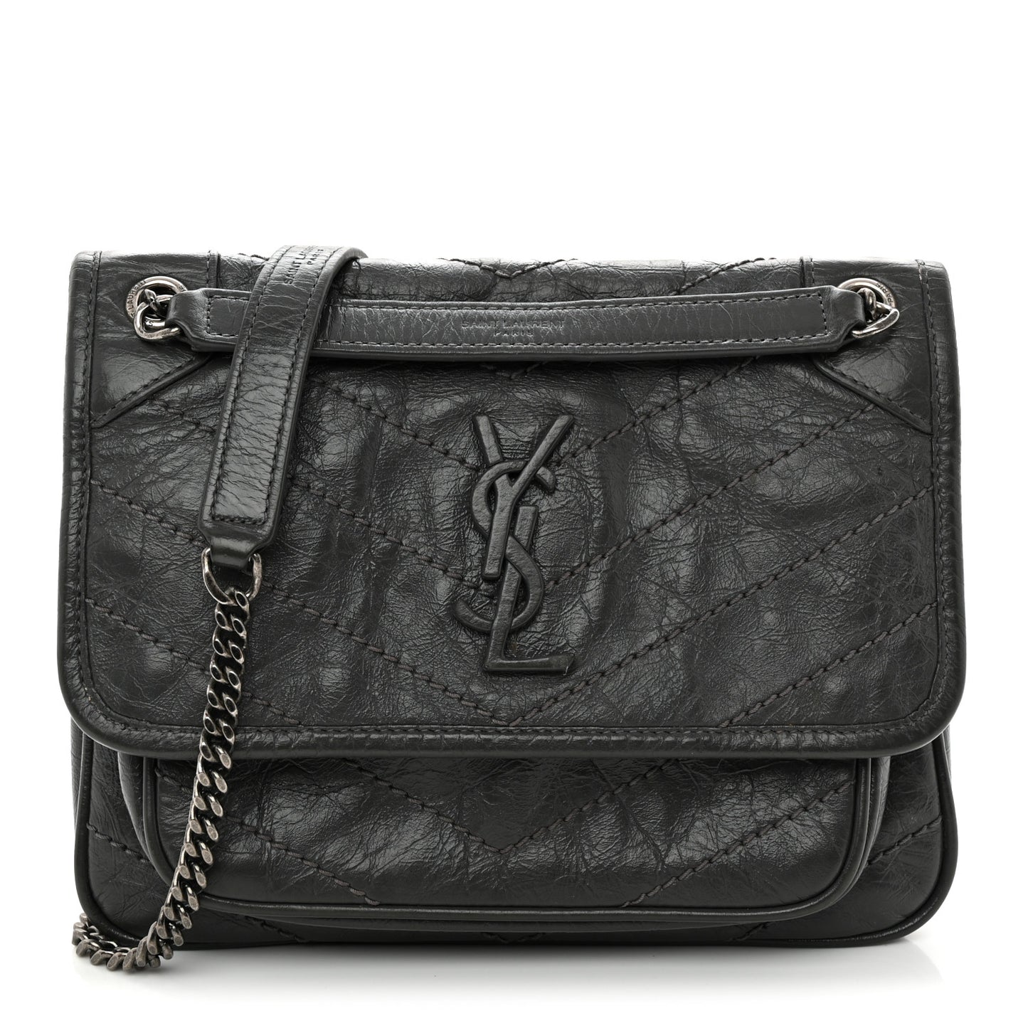 Crinkled Calfskin Matelasse Monogram Baby Niki Chain Satchel Storm