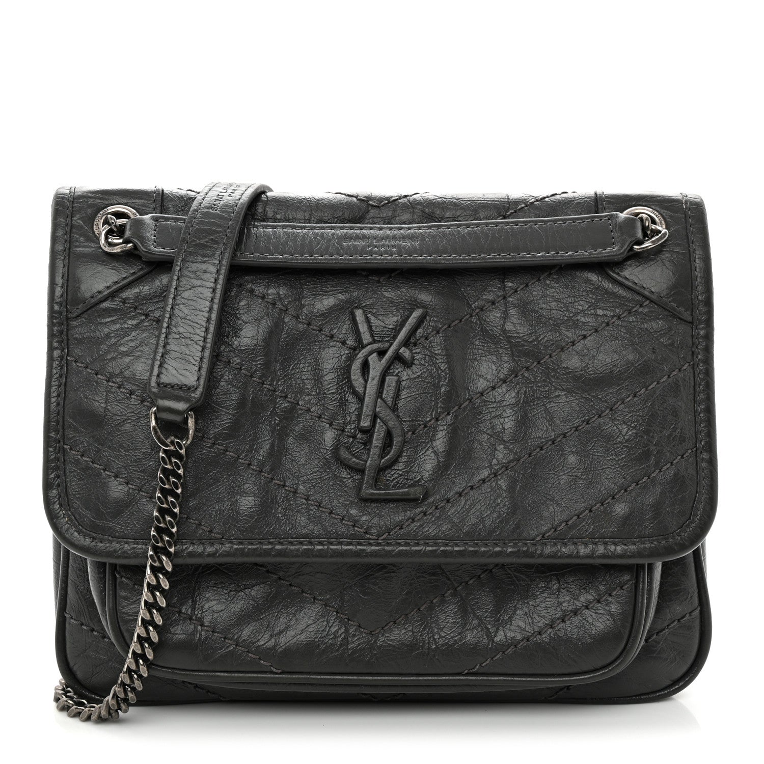Saint Laurent Crinkled Calfskin Matelasse Monogram Baby Niki Chain Satchel Storm 1 of 11
