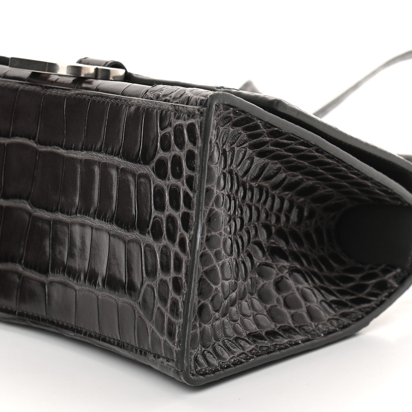 Shiny Calfskin Crocodile Embossed Small Hourglass Top Handle Bag Dark Grey