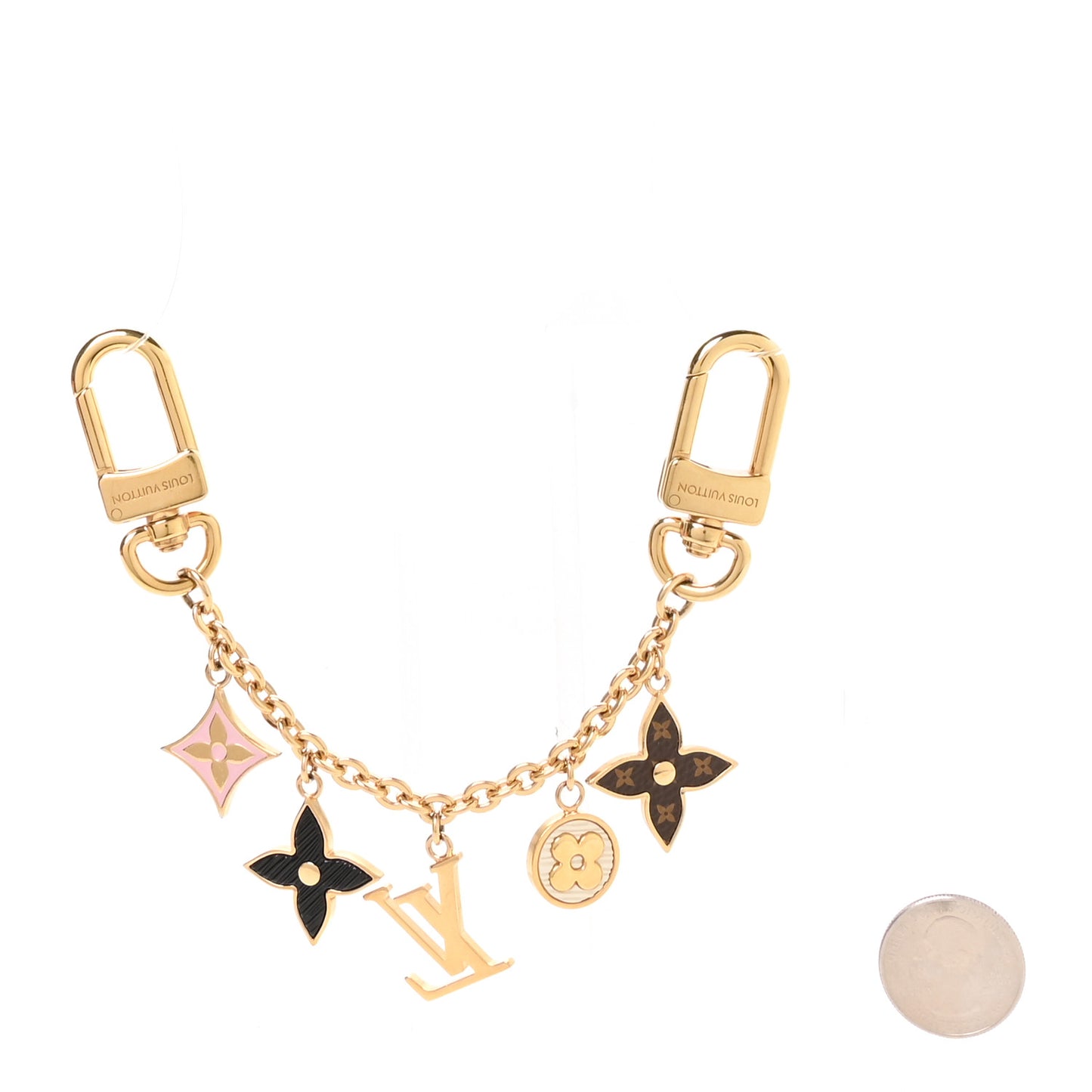 Brass Enamel Fleur De Monogram Bag Charm Chain Gold