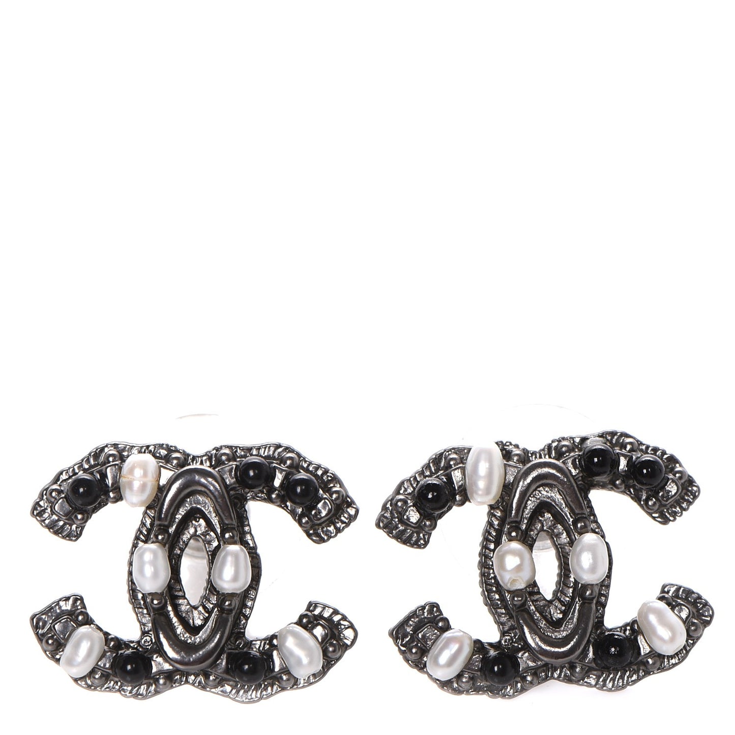 Pearl Bead CC Earrings Dark Silver